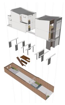 An exploded view of the house shows the insertion of new pieces into the old envelope.