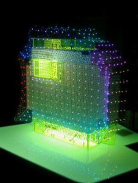 Clar created a working scale model of the Habitat Hotel in Barcelona and its "energy mesh"?a project by Barcelona-based architect Enric Ruiz of Cloud 9 Architecture.