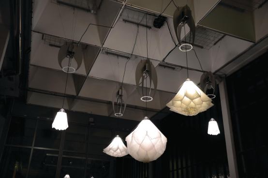 Shylight (2007-2012) is a group of individually suspended light sculptures, each made out of stainless steel, aluminum, silk, and high-powered LEDs, and operated on a series of springs