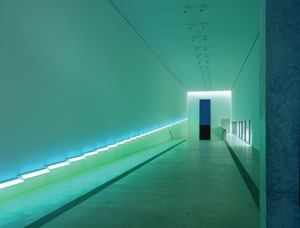 Architecture and light become one at the Pulitzer Foundation for the Arts in St. Louis as it plays host to the work of Dan Flavin through October 2008. In the main gallery, Flavin's blue and green fluorescent installation?untitled, 1984?is juxtaposed with Ellsworth Kelly's Blue Black, 2000, an artwork of painted aluminum panels that is part of the Pulitzer's permanent collection.