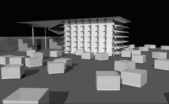 3D model of barn surrounded by pallets