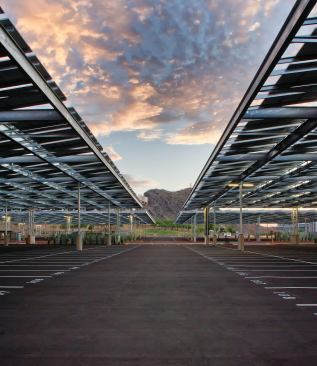Sunset between the structures.