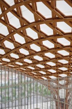 Woven hat or infinitely repeated Star of David? The Pompidou-Metz's sculptural roof is based on a regular hexagon, pulled to a peak to allow for a grand foyer, and pulled downward at the points. The structure is a system of layered and bolted timbers.