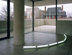 Using an artistic palette of commercially available fluorescent products in standardized sizes, shapes, and colors, Flavin's work gives new meaning to these everyday objects. One of Flavin's few curved works, untitled, 1964, is a series of cool white fluorescent lamps. Installed in the mezzanine, its curvilinear shape accentuates the Pulitzer's geometric form.