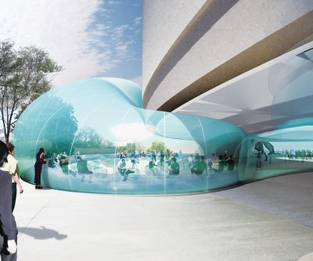 The inflatable membrane structure will protrude out from the central atrium, under the building itself, and into the western courtyard, encompassing a 2,000-square-foot lounge.