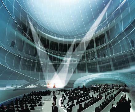 In the main space, seating can be set up to accommodate a performance.