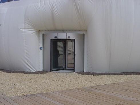Inflatable systems concept: Revolving doors to act as air locks.