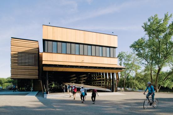 The 30,000-square-foot facility is intended to reinvigorate public use of the riverfront site. To that end, the design team created a fluid building surface that shifts as people move around it. The operable vents and the patterned louvers (above left) connect indoors and out, and a public court (foreground) between the boathouse and the smaller sculling pavilion establishes a visual connection to the Charles.