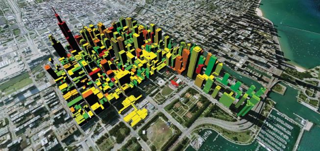 The team compiled a database of information that helped determine carbon emissions for buildings in the Chicago Loop. These emissions can now be visualized on a color spectrum from red (very high emissions) to dark green (low emissions).