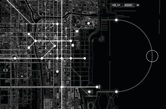 This map of the Loop does more than outline streets; it highlights a proposed system of pedways to encourage walking. This over- and underground system would include access to public transit hubs and a green corridor.
