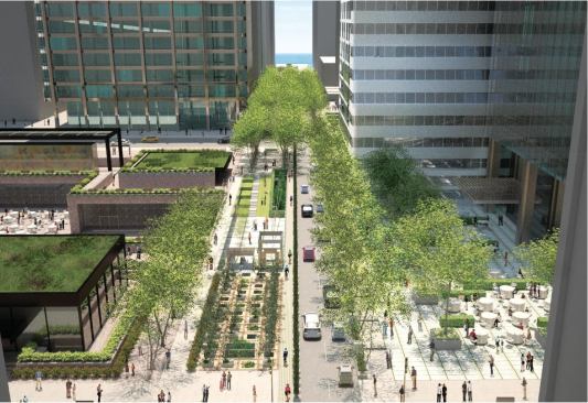 To reduce carbon emissions from cars, the team encourages pedestrian traffic. Probably the most significant part of the plan is to restrict vehicular traffic on Monroe Street (one of the Loop's main east-west thoroughfares) to two lanes, reserving the other half of the street for a public greenway with pedestrian-only access.