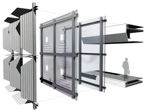 HelioTrace is composed of three systems: exterior shading (both shades that are perpendicular to the building, far left, and shades parallel to the façade, second from left); a high-performance curtain wall; and complementary M/E/P and building systems.