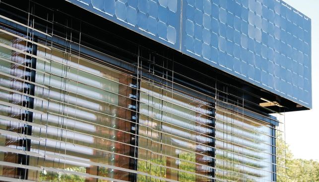 Close-up of shade and vertical photovoltaic systems.