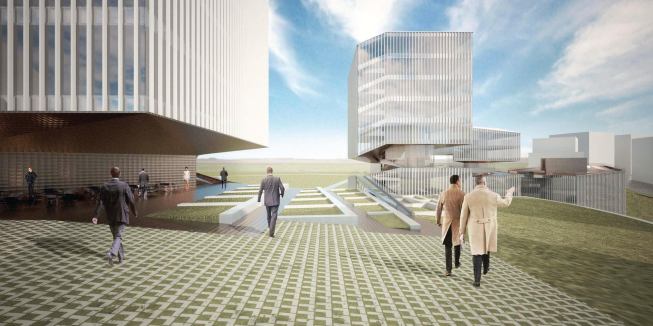 View from plaza at top of hill.