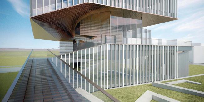 View up ramp to connecting building.