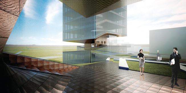 Located in Inner Mongolia, China, the Ordos 20+10 Office Complex takes advantage of the natural setting with a series of ramps that connect the buildings, terminating in viewing platforms cut out of the mass of each tower.