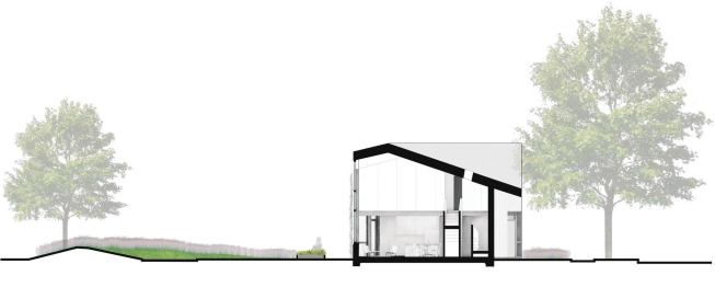 The R-House is grounded in its site--the landscape was formed from earth excavated for the house's foundation. A berm planted with a native grass encloses the backyard, and a paved terrace allows space for a kitchen garden. In winter months, a slight depression in the backyard can be flooded and frozen for skating. And since many lots in Syracuse's Near Westside neighborhood (where the prototype will be located) are similarly sized, this site configuration can be deployed easily throughout the area.