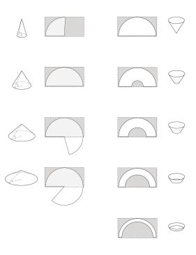 Striving for material efficiency, the team conducted geometric studies to identify the ideal angle and depth of the cones. The first set of studies (left) determined that the most efficient use of aluminum sheets resulted in a 60-degree cone. The second series of studies (right) investigated the material usage of various depths of cones, which then had to be weighed against the effect on light transmittance into the pavilion.