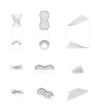 In order to achieve variation with something as static as a grid, the team looked to rotating the grid around different points and axes to change the form. By experimenting with vertical or slightly canted horizontal axes, the team was able to make the grid shift, bend, and twist in ways that informed the final geometry of the pavilion.