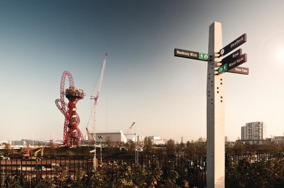 The totem for the London Olympics, the ArcelorMittal Orbit tower rises is east London.