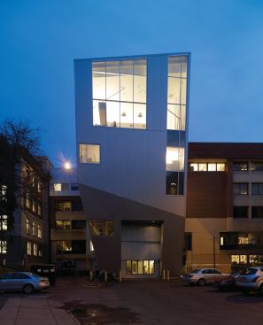 Link Hall addition at night.