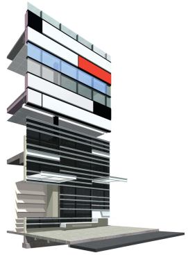 The University Center Office Building incorporates a number of products in its façade, including clear, tinted, and reflective glazing; insulated metal panels; and perforated steel panels. Brownell wants to make use of reused or recycled materials whenever and wherever possible.