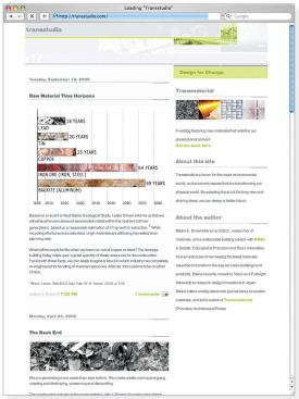 Transstudio is a more philosophical effort aimed at engaging people in conversation about diminishing natural resources, the man-made world, and how we can effect positive change. As he notes in his first entry, "Design will play a fundamental role in this new epoch, and creativity will be the ultimate criterion for success. Since new problems will require new solutions, we can only preserve the future by letting go of present conventions."