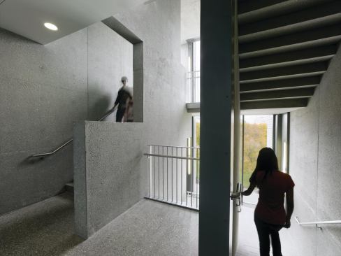 The fire stairs serve as the building’s main vertical circulation, and offer views of the campus.