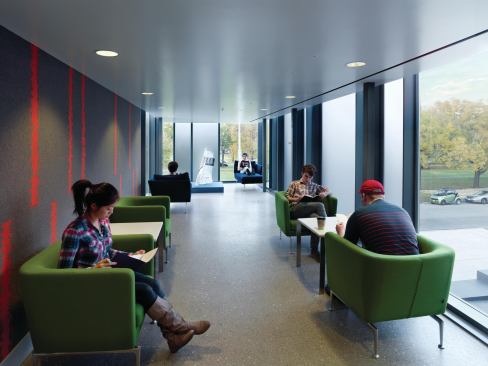 Several break-out study areas are contained within the complex, many lined with either tile from Heath Ceramics or felt liners.