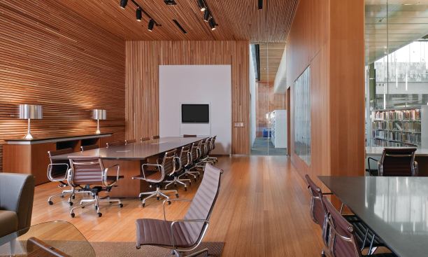 The warm wood confines of the archive room fill the south corner of the building’s second floor.