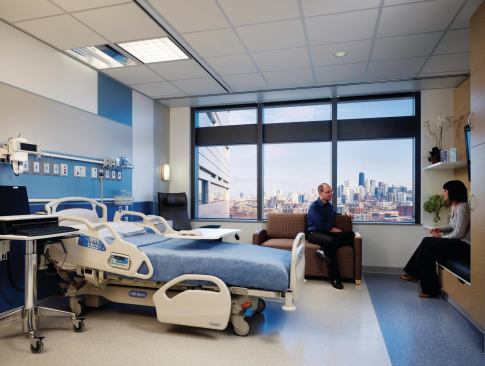Inside the star-shaped tower, patient rooms outfitted with furniture from Herman Miller Healthcare are located around the perimeter to maximize natural daylight and views.