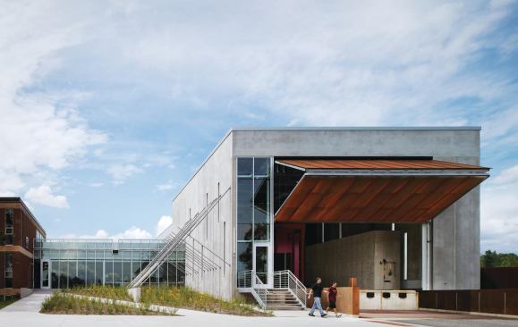 The building is intended to be used both as a learning tool for the students and as a recruitment tool for the program. As such, structural bracing is left exposed and large bifold doors expose the high-bay spaces, both for moving objects in and out and for showing off experiments to prospective students.