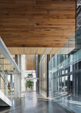 Intended to be used as a pedagogical tool inside as well as out, most building systems are left exposed, including the structure, the wood-clad rain scuppers that penetrate the building envelope, and gabion walls filled with local taconite stone.