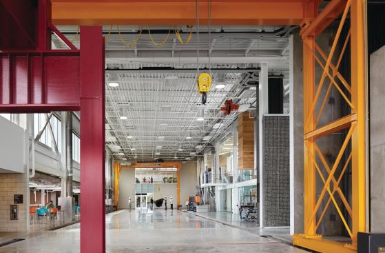 A gantry crane is able to move through much of the building to allow objects to be moved from high bay to high bay for experiments and installations.