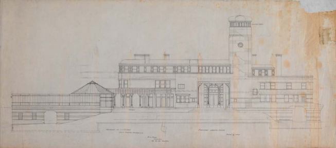 To design his exotic 84- room country house in Cold Spring Harbor, Long Island, N.Y., Tiffany borrowed architectural elements from the Orient. An elevation with the notation "looking south," shows R. L. Pryor as the architect of record.