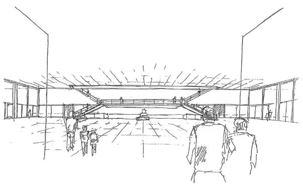 A sketch of Cooper's renovated lobby shows a new staircase to the mezzanine and main reading room above.