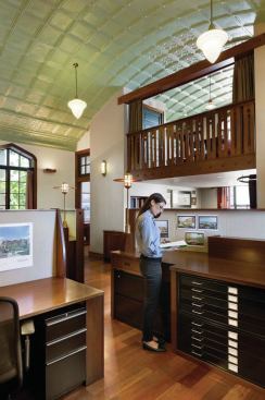 When MHS Architects founder Dean Marchetto, AIA, lifted the dropped ceiling tiles installed by the American Legion during its occupancy, he found the original, barrel-vaulted ceiling above. 