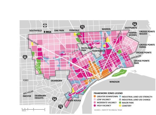Most of the low-vacancy areas are in historic districts or are along the outer edge of the city. The high-vacancy regions, on the other hand, are often close to current environmental hazards or contaminated land and closed schools. But, in many cases, they are also close to some of the city’s best assets.


The Detroit Works framework suggests ways to maximize land-use and assets in each of the zones, strengthening already stable neighborhoods and making productive use of vacant land. Suggestions range from boosting community patrols as a crime-fighting tactic to zoning recommendations; from creating surface lakes that capture stormwater in high-vacancy areas to creating forested buffers around industrial zones. The buffers would serve as visual and sound barriers and would help lessen the impact of pollutants on adjacent neighborhoods.