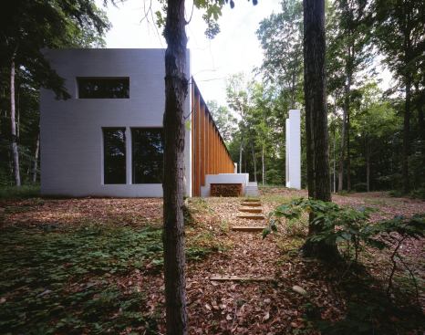 A freestanding fireplace is one of several "events" that foster an active engagement with the landscape.

