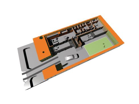 The crushed oyster-shell auto court frames a formalized patch of grass.

