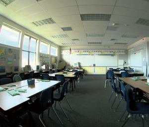 Research suggests that occupants rarely adjust blinds. An informal walkthrough of two elementary schools in Idaho with a total of 156 south-facing windows with manual louver blinds, found that only 18 of the blinds were open, representing only 10 percent of the potential daylight access. The lighting difference is quite dramatic as seen in the same classroom with blinds up and lights off (above) and blinds down and lights on (above-left).