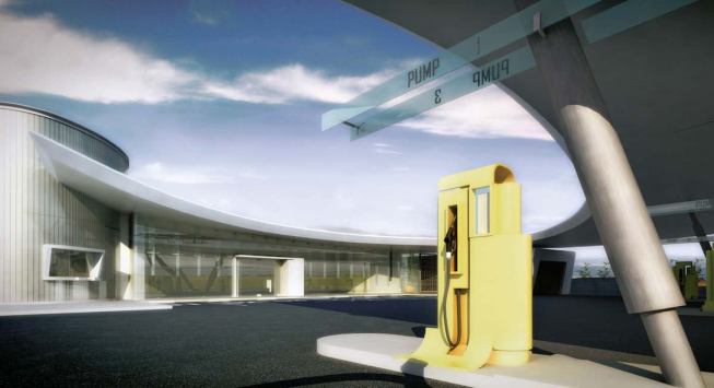 Kanner Architects' influence extends to the graphic elements of the station, including numbering at the pumps. The firm's other commercial projects include Puma stores, a prototype for In-N-Out Burger, and a retail store for photographer Anne Geddes.