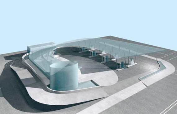 Kanner planned to put the path to the car wash behind the convenience store, but there wasn't enough room after laying out the pumps. Hence his freeway-inspired solution: a ramp circling up and over the market.