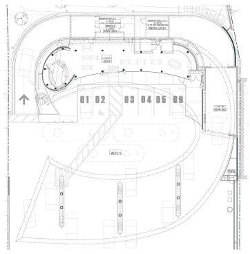 The site plan and bird's-eye rendering show the station's circular configuration. 
