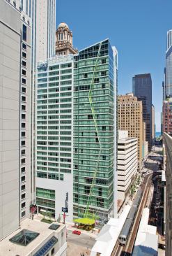 Located on a 9,500-square-foot corner site in Chicago’s central Loop, the Wit hotel is most easily identified by the chartreuse lightning bolt worked into its 27-story glass façade. Lured by the possibilities of the hip theater-district location—so much so that the developers, ECD Co., commissioned a robotic helicopter to take photographs of the site even before the design began to take shape—the hotel’s parent company, Doubletree Hotels, decided to take a design approach akin to that of a boutique hotelier.