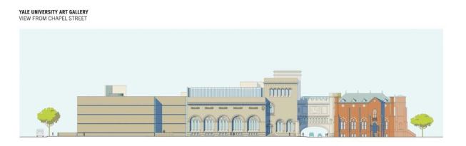 The 1928 Swartout Building was supposed to have extended down Chapel Street. The recess in Kahn's façade honors that original design, which called for a central entry portico.