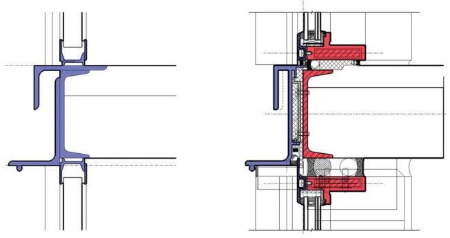A section through the building-with the floor slab in the middle and windows top and bottom-shows the old system (near right) and the new one (far right), which has a thermal break and a sealant joint that contracts and expands with the metal.