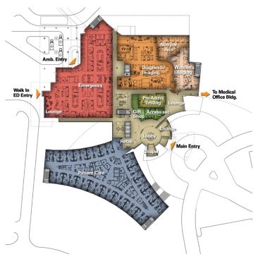 The emergency room at West Chester, which will have its own highly visible sign, has a decentralized layout, with a main staff area serving as a "spine." Pods or clusters of private patient rooms will attach to it, each one equipped with the necessary medical supplies.