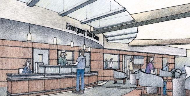 Hospital interiors (emergency department shown in rendering) will include materials like recyclable carpeting and renewable wood furniture.