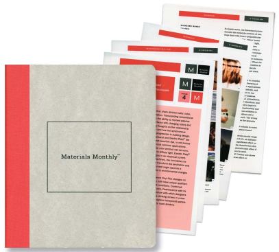 Materials Monthly will come out 10 times a year and deliver three to five product samples with specification information in a hard-cover, book-sized cardboard box. In this sample issue, architects will be receiving: Texaa's Aeria fabric, an acoustical fabric once used for speaker covers; Alkemi, a surfacing material made from scrap aluminum and resin; Veritas' surfacing material that features a landscaping textile between two resin panels; Prismatic's embossed stainless steel; and Flexicomb, a flexible material made from polypropylene drinking straws.